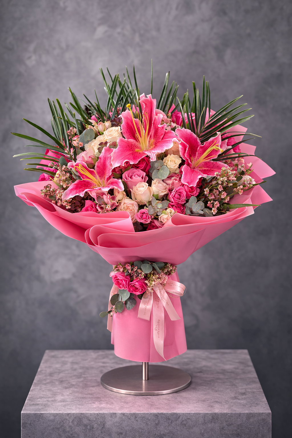 af41c522-06cd-48d1-bd25-6d0d0f8e52a7-2 Pink Majesty Lily & Rose Buket - Görsel 1